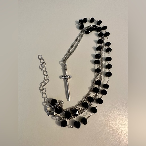 Sword Pendant Silver Tone Necklace Black Beaded Choker Double layered. - Picture 3 of 6